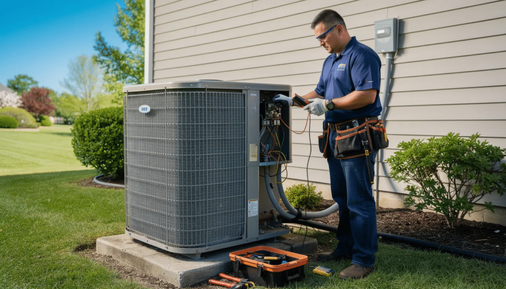 An HVAC technician is diligently working on an outdoor air conditioning unit under a bright, sunny sky, showcasing the essential home service business that helps maintain comfortable living environments. This scene highlights the importance of quality services in the HVAC industry, where attention to detail can prevent common pitfalls that lead to home service businesses failing.