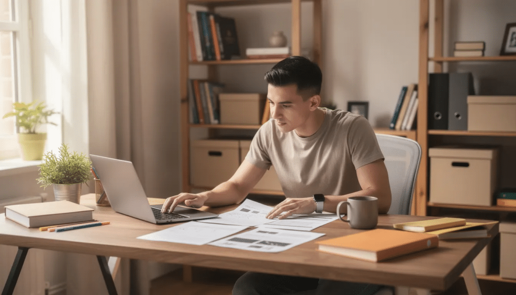 A business owner in casual attire is seated at a desk in a home office, reviewing documents and working on a laptop, reflecting the operational efficiency and strategic planning essential for navigating the stages of business growth. This scene captures the essence of business development during the growth phase, emphasizing the importance of thorough market research and customer feedback for sustained success.