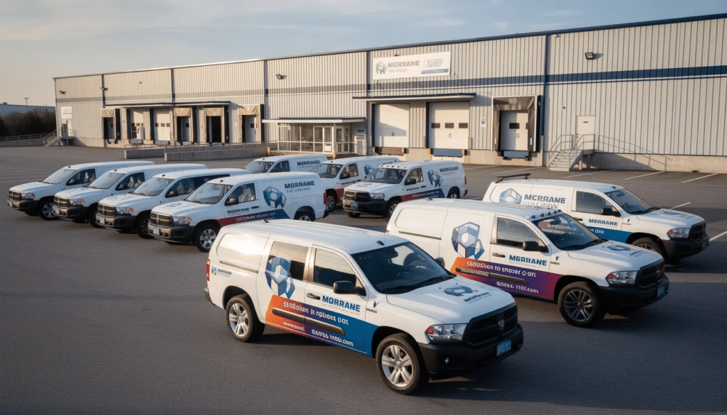 The image shows a fleet of branded service vehicles parked in a commercial lot, with a large warehouse building in the background, indicative of a business in the growth stage. This scene reflects operational efficiency and the potential for market expansion as businesses aim for sustained growth and customer acquisition.