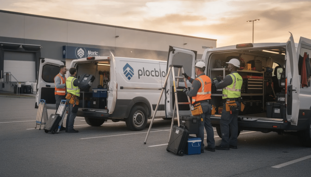 A small team of service technicians is seen loading equipment into work vans early in the morning, preparing for a day of operations that supports their business growth. This scene reflects the operational efficiency and strategic planning necessary for businesses in the growth stage to generate consistent revenue and maintain customer satisfaction.